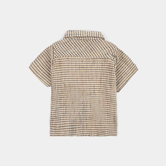 Infant Boys Yarn Dyed Shirt (Character Pocket)-BROWN