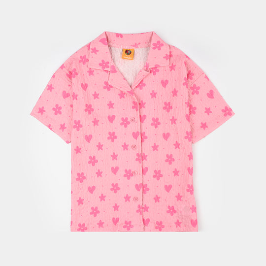 Girls Poly Crinkle 2 Piece Suit flower & Hearts-PINK