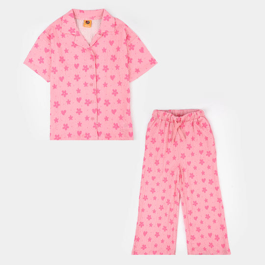 Girls Poly Crinkle 2 Piece Suit flower & Hearts-PINK