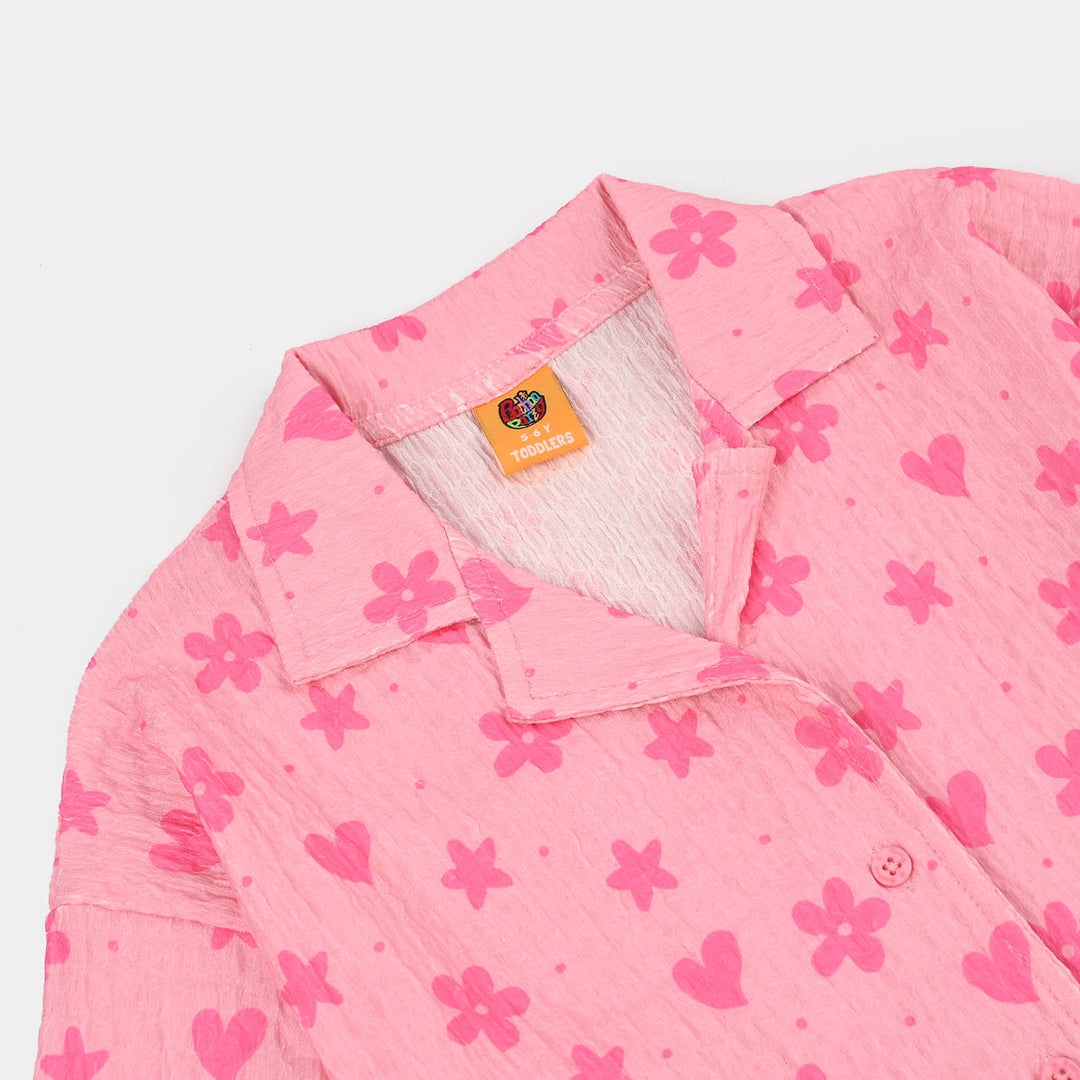 Girls Poly Crinkle 2 Piece Suit flower & Hearts-PINK