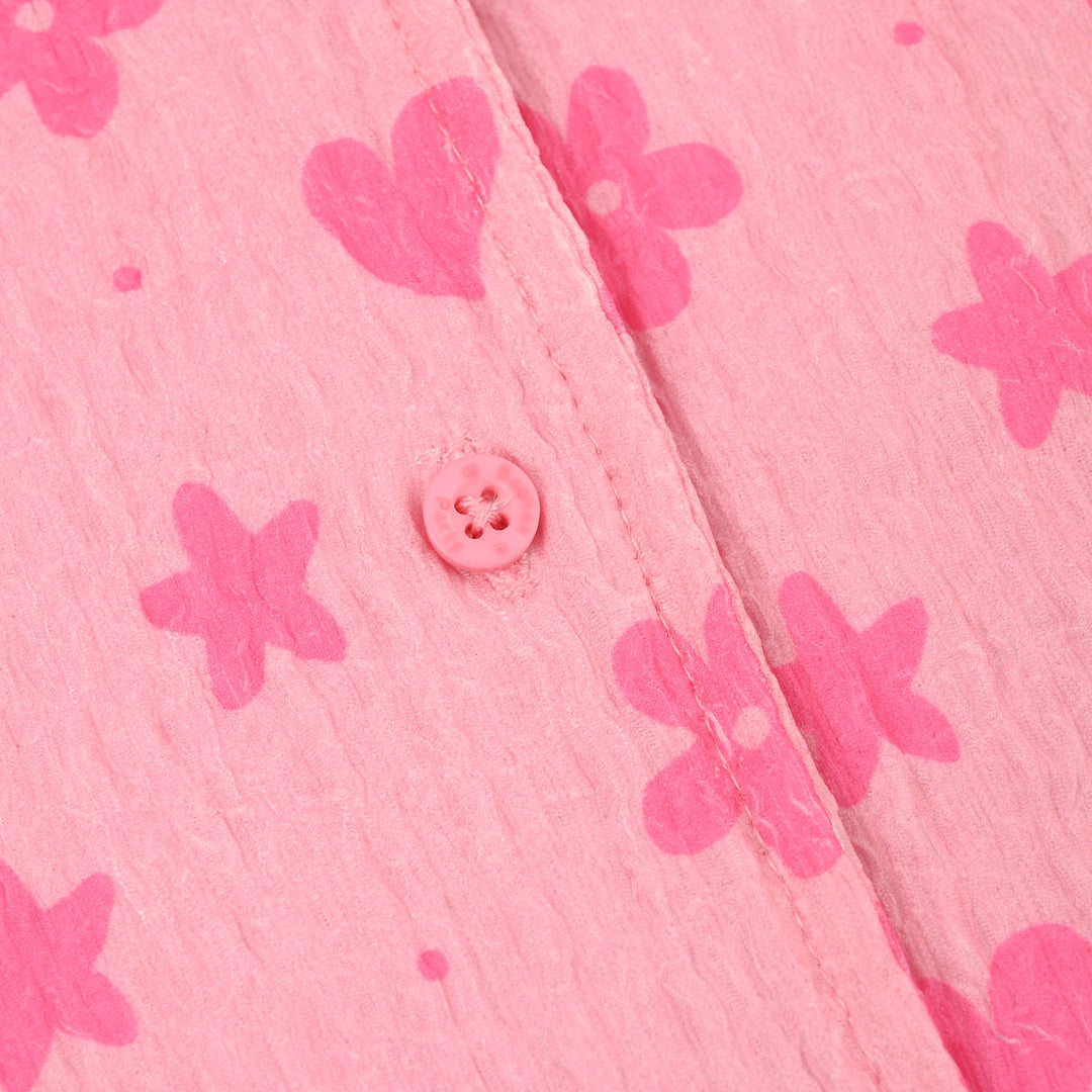 Girls Poly Crinkle 2 Piece Suit flower & Hearts-PINK