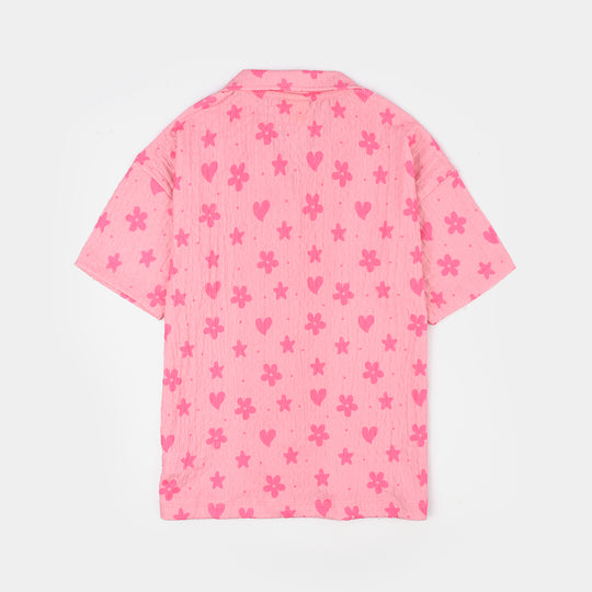 Girls Poly Crinkle 2 Piece Suit flower & Hearts-PINK