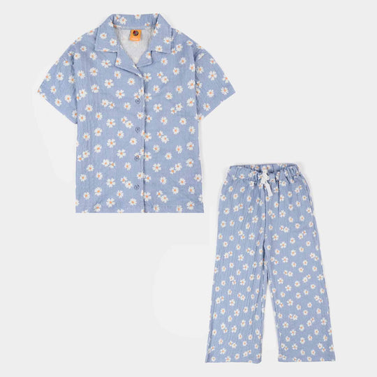 Girls Poly Crinkle 2 Piece Suit Flowers-Purple