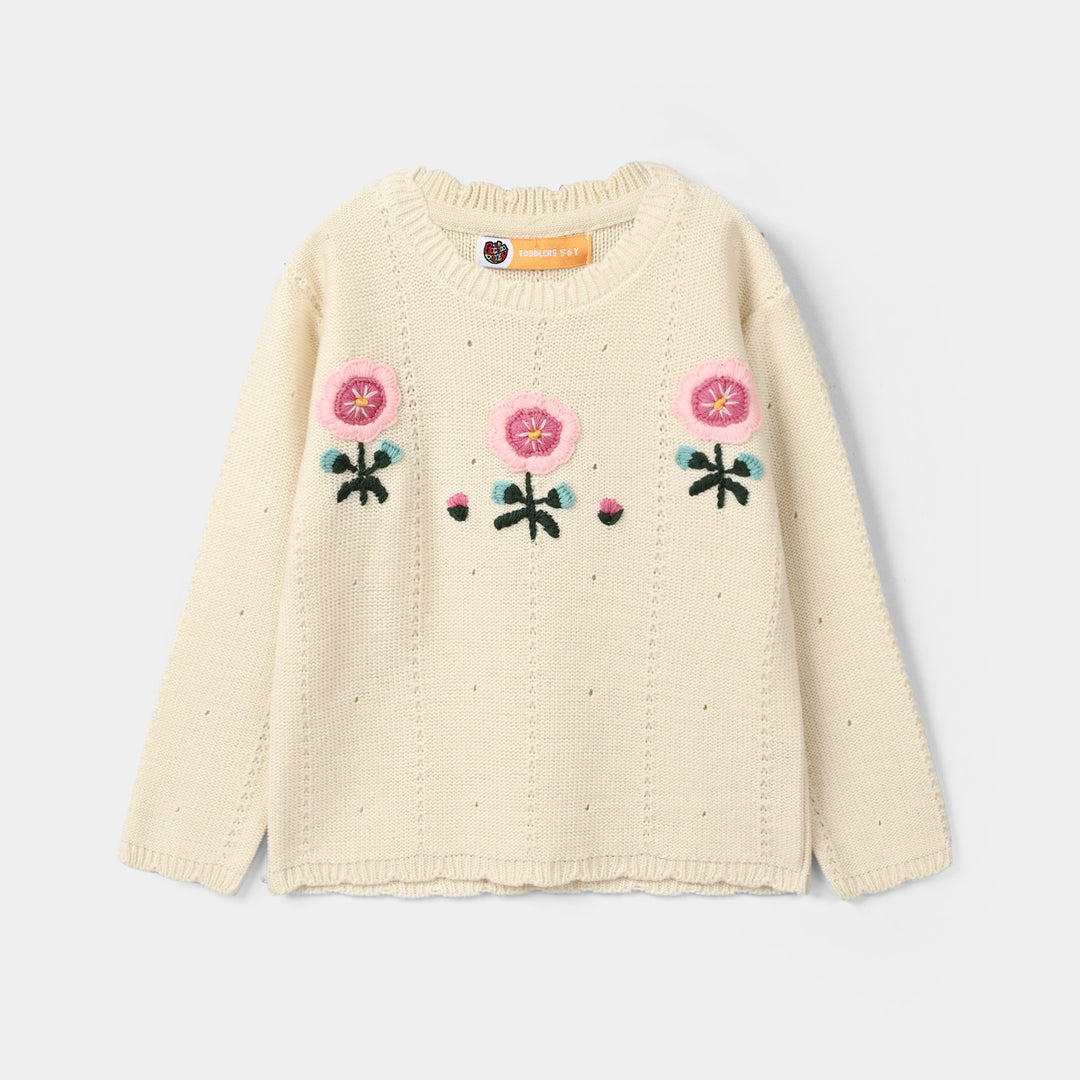 Girls Acrylic Sweater Pink Flora - OFF White