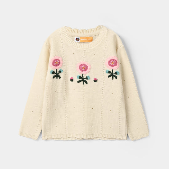 Girls Acrylic Sweater Pink Flora - OFF White