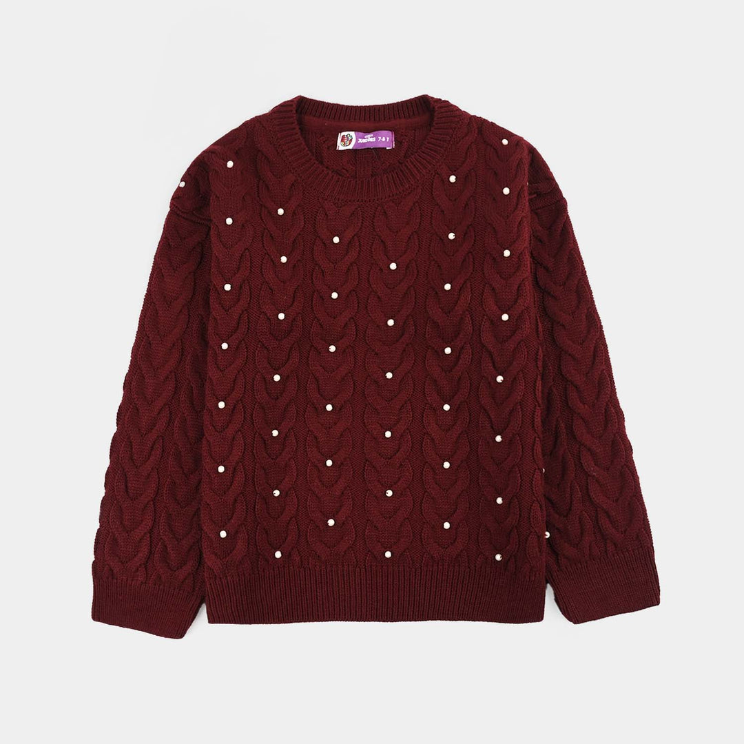 Girls Acrylic Sweater-Pearls-MAROON