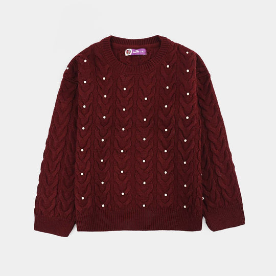 Girls Acrylic Sweater-Pearls-MAROON