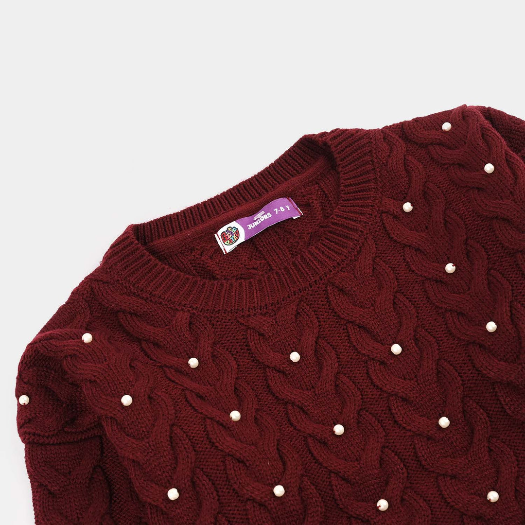 Girls Acrylic Sweater-Pearls-MAROON