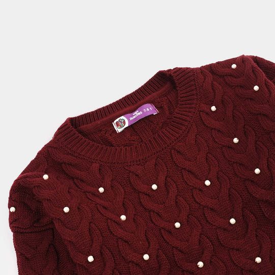 Girls Acrylic Sweater-Pearls-MAROON
