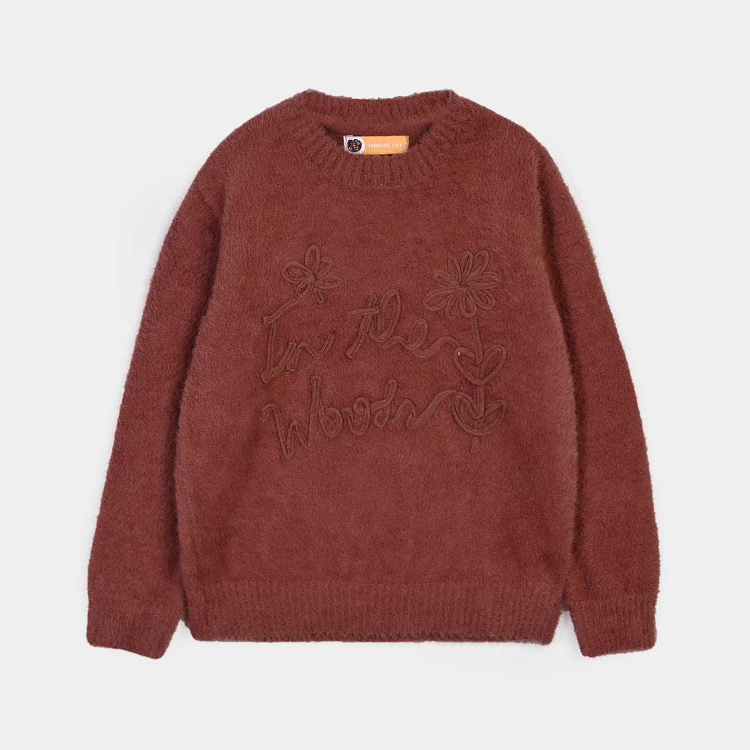 Girls Feather-Acrylic Sweater In The Woods- Brown