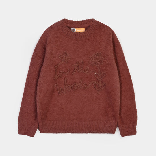 Girls Feather-Acrylic Sweater In The Woods- Brown