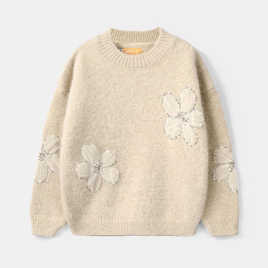 Girls Feather-Acrylic Sweater-Net Floral-OFF-White