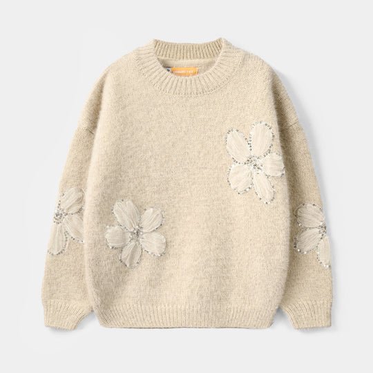 Girls Feather-Acrylic Sweater-Net Floral-OFF-White