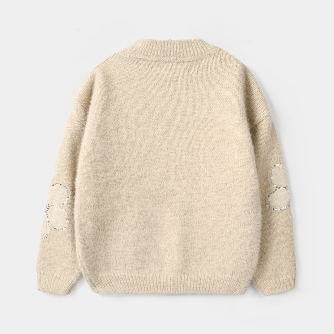 Girls Feather-Acrylic Sweater-Net Floral-OFF-White