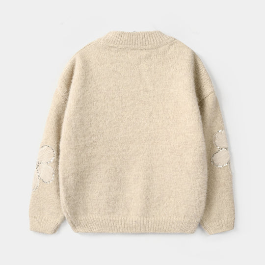 Girls Feather-Acrylic Sweater-Net Floral-OFF-White