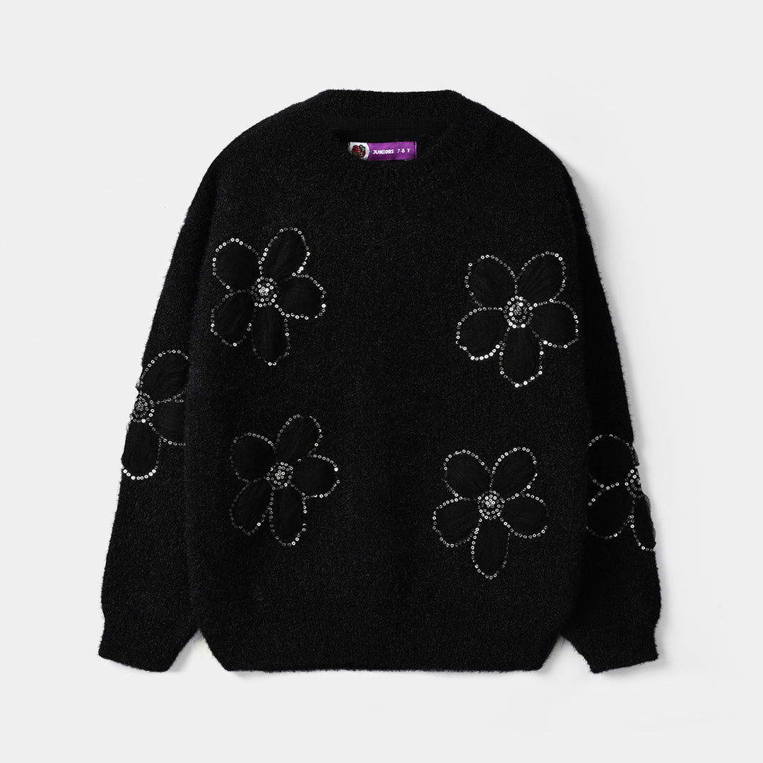 Girls Feather Acrylic Sweater Floral Sequence- Black