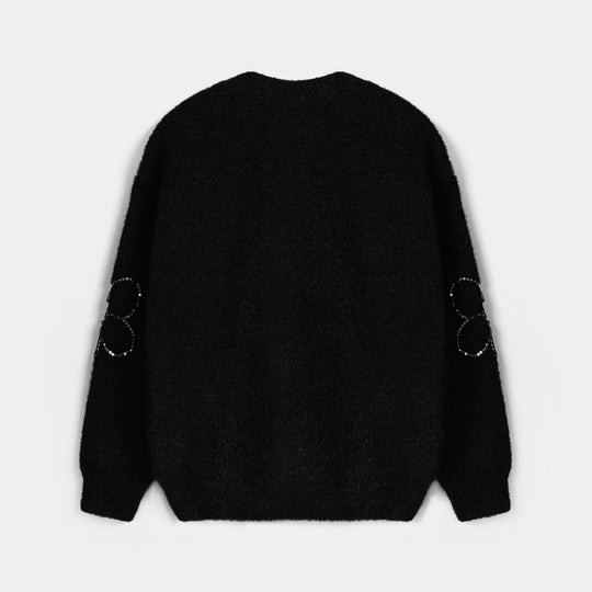 Girls Feather Acrylic Sweater Floral Sequence- Black