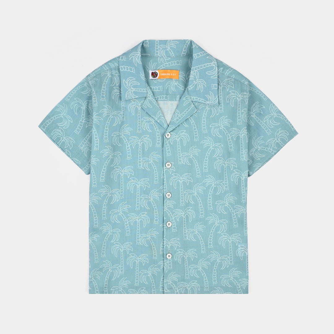 Boys Cotton Slub Shirt (Palm Tree)-Blue