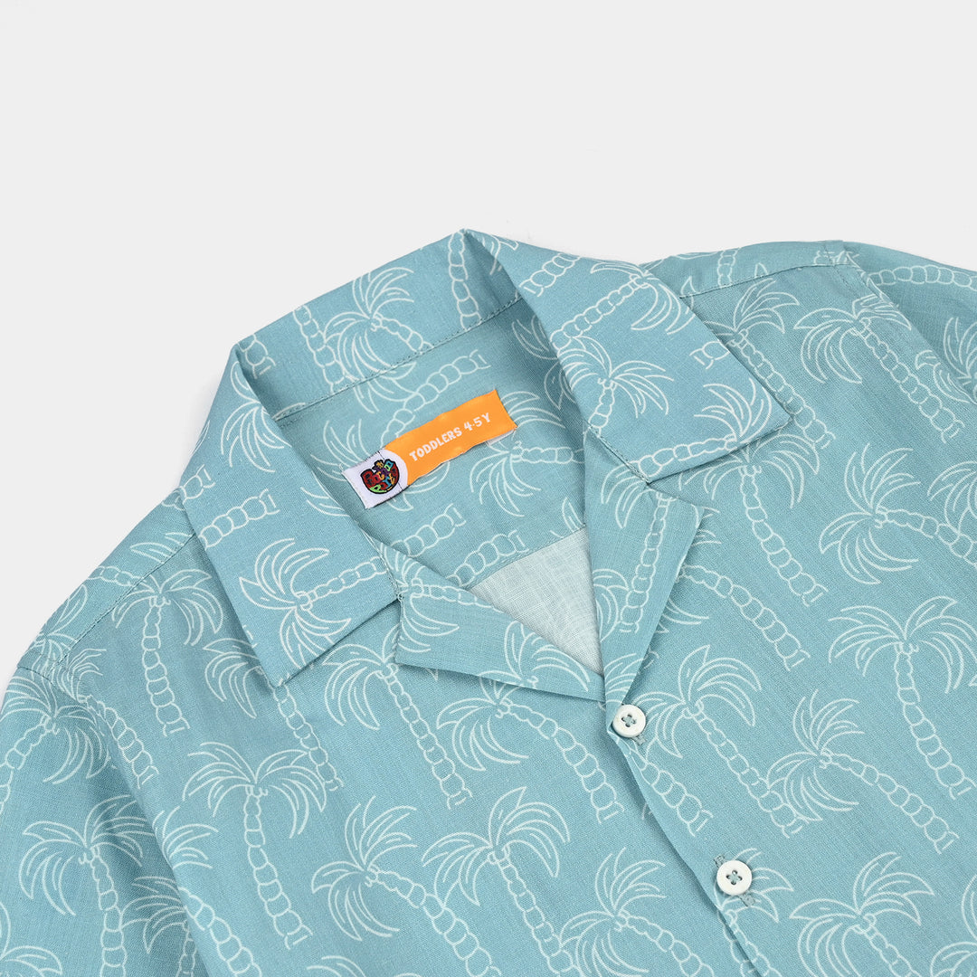 Boys Cotton Slub Shirt (Palm Tree)-Blue