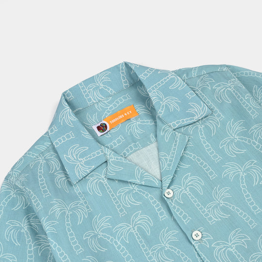 Boys Cotton Slub Shirt (Palm Tree)-Blue
