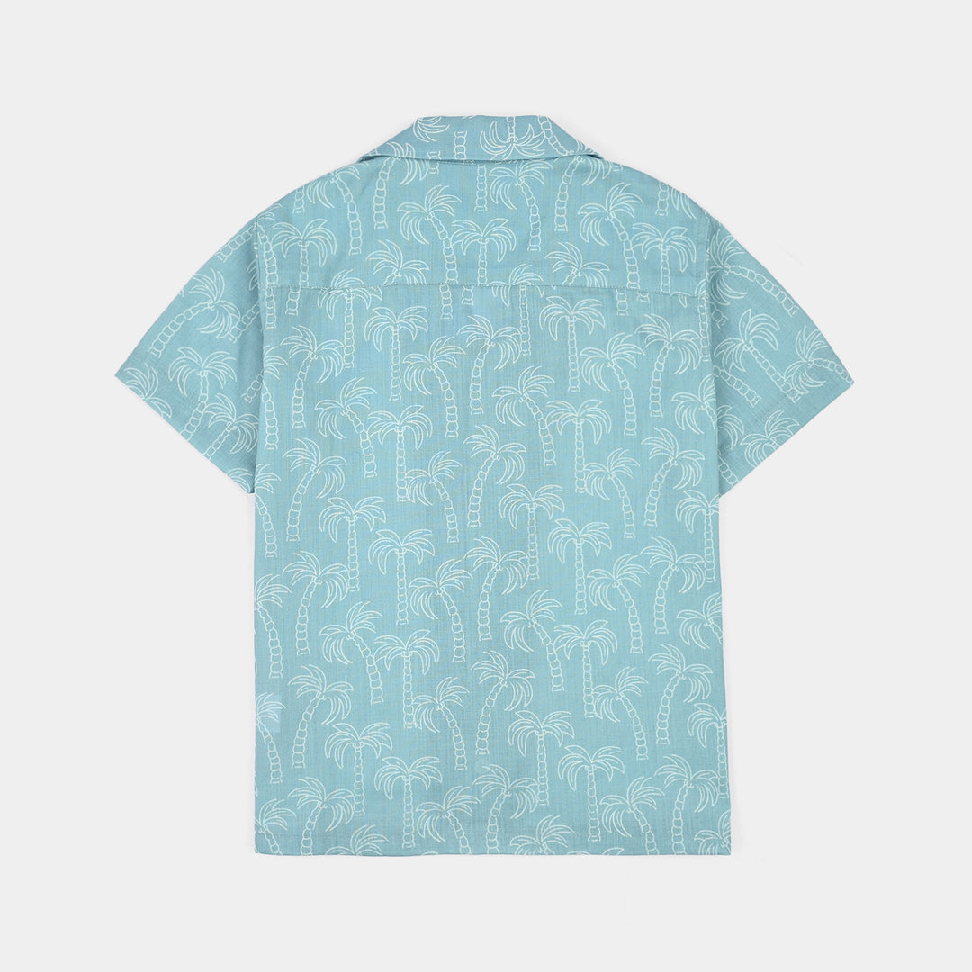 Boys Cotton Slub Shirt (Palm Tree)-Blue