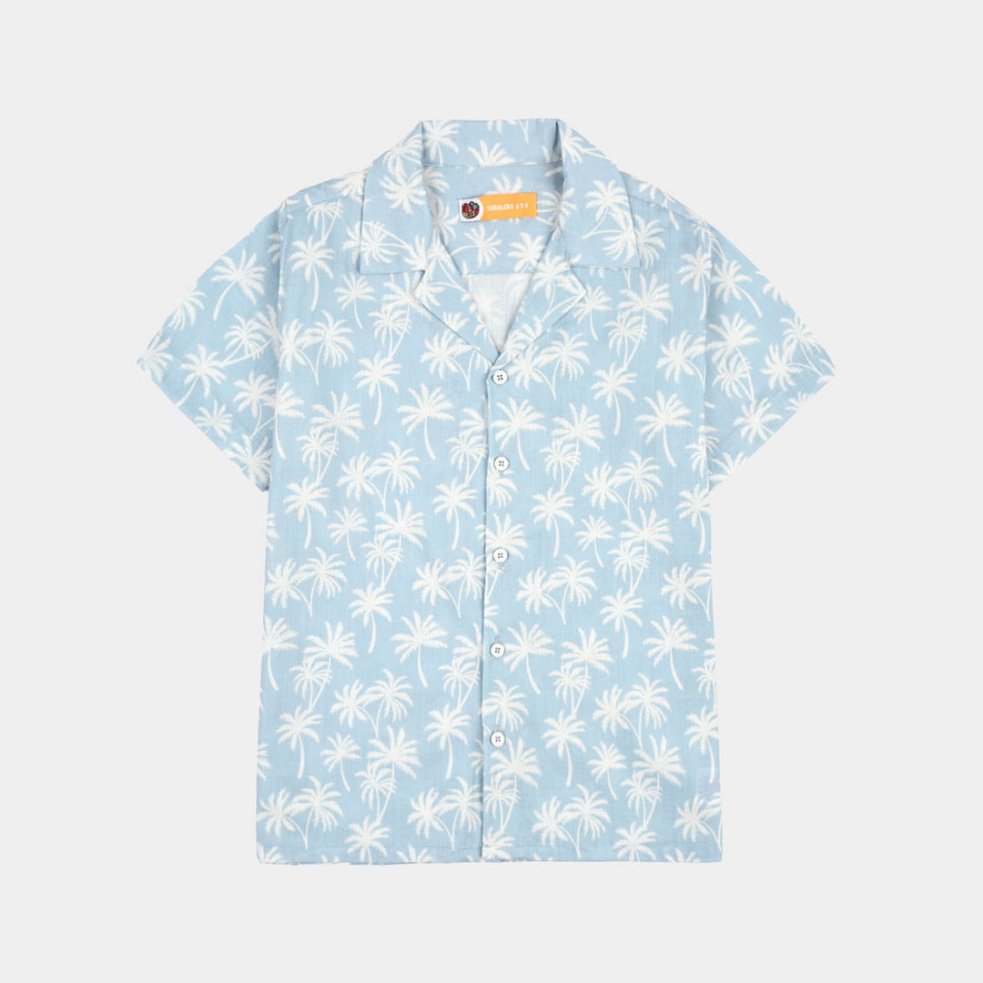 Boys Cotton Slub Shirt (Palm N Palm)-White