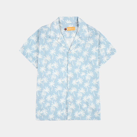 Boys Cotton Slub Shirt (Palm N Palm)-White