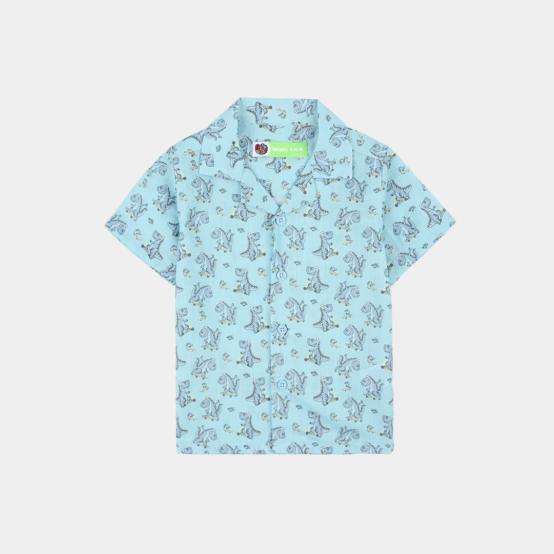 Infant Boys Cotton Slub Shirt (AOP Dino)-Blue