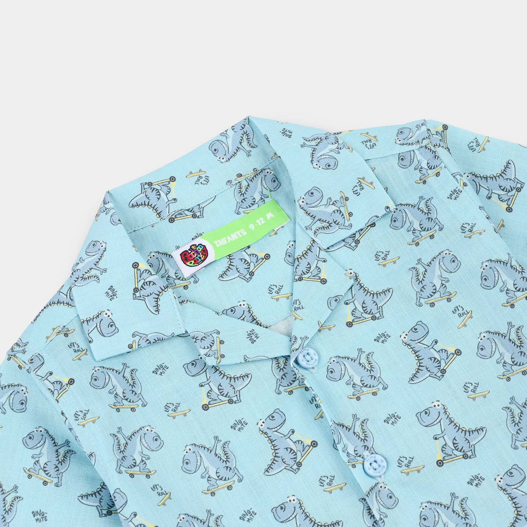 Infant Boys Cotton Slub Shirt (AOP Dino)-Blue