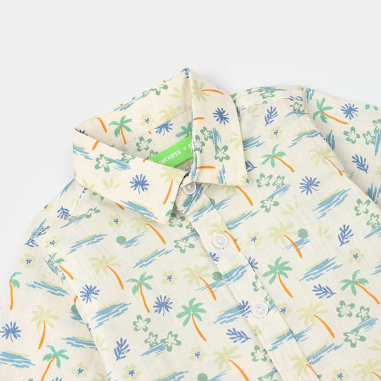 Infant Boys Cotton Slub Shirt (AOP Palm Tree)-White