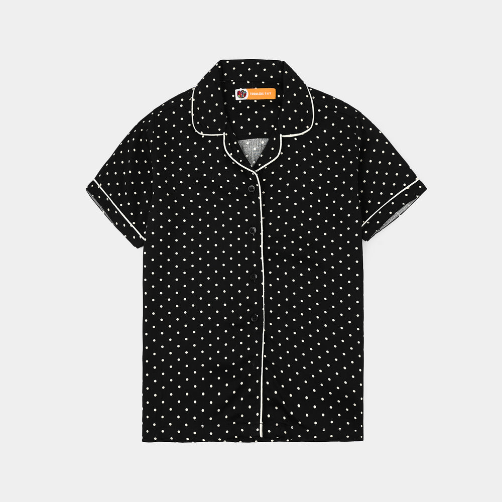 Girls Linen Viscose Nightwear-Polka Dot-BLACK
