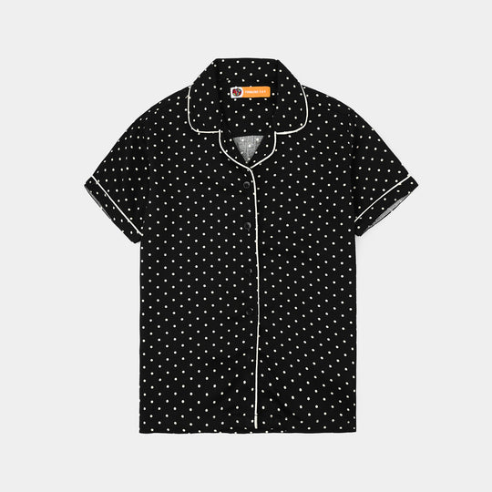 Girls Linen Viscose Nightwear-Polka Dot-BLACK