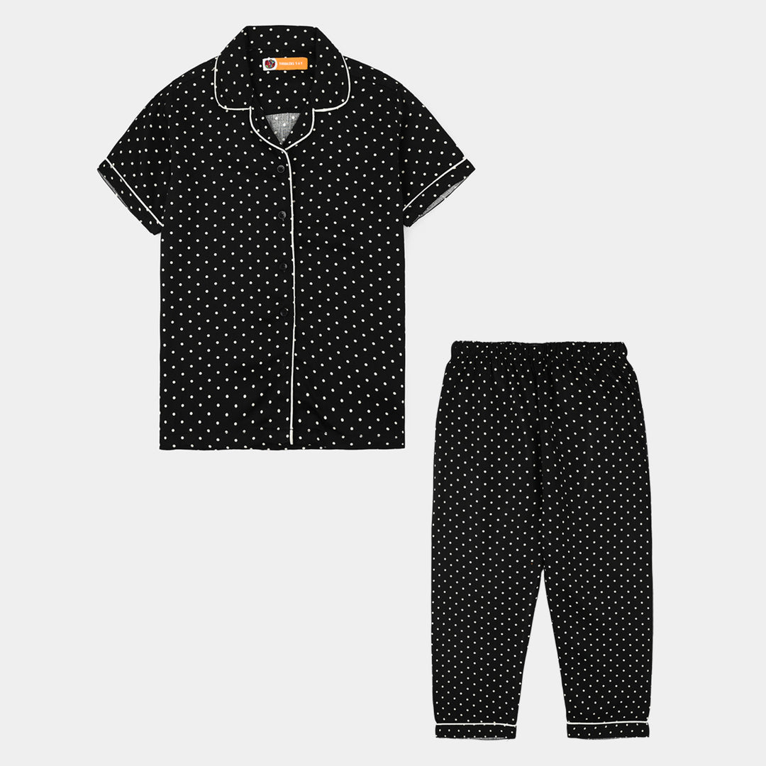 Girls Linen Viscose Nightwear-Polka Dot-BLACK