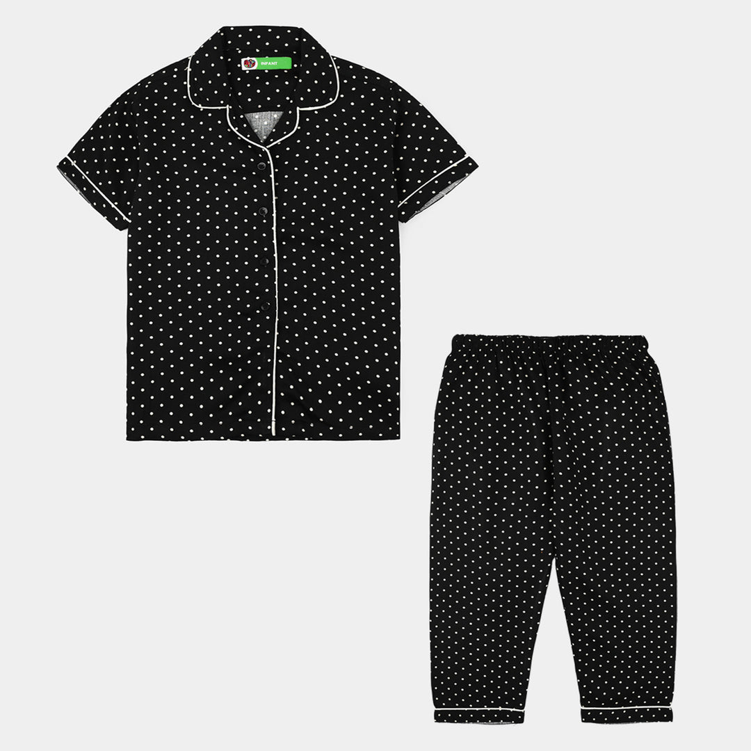 Infant Girls Linen Viscose Nightwear-Polka Dot-BLACK
