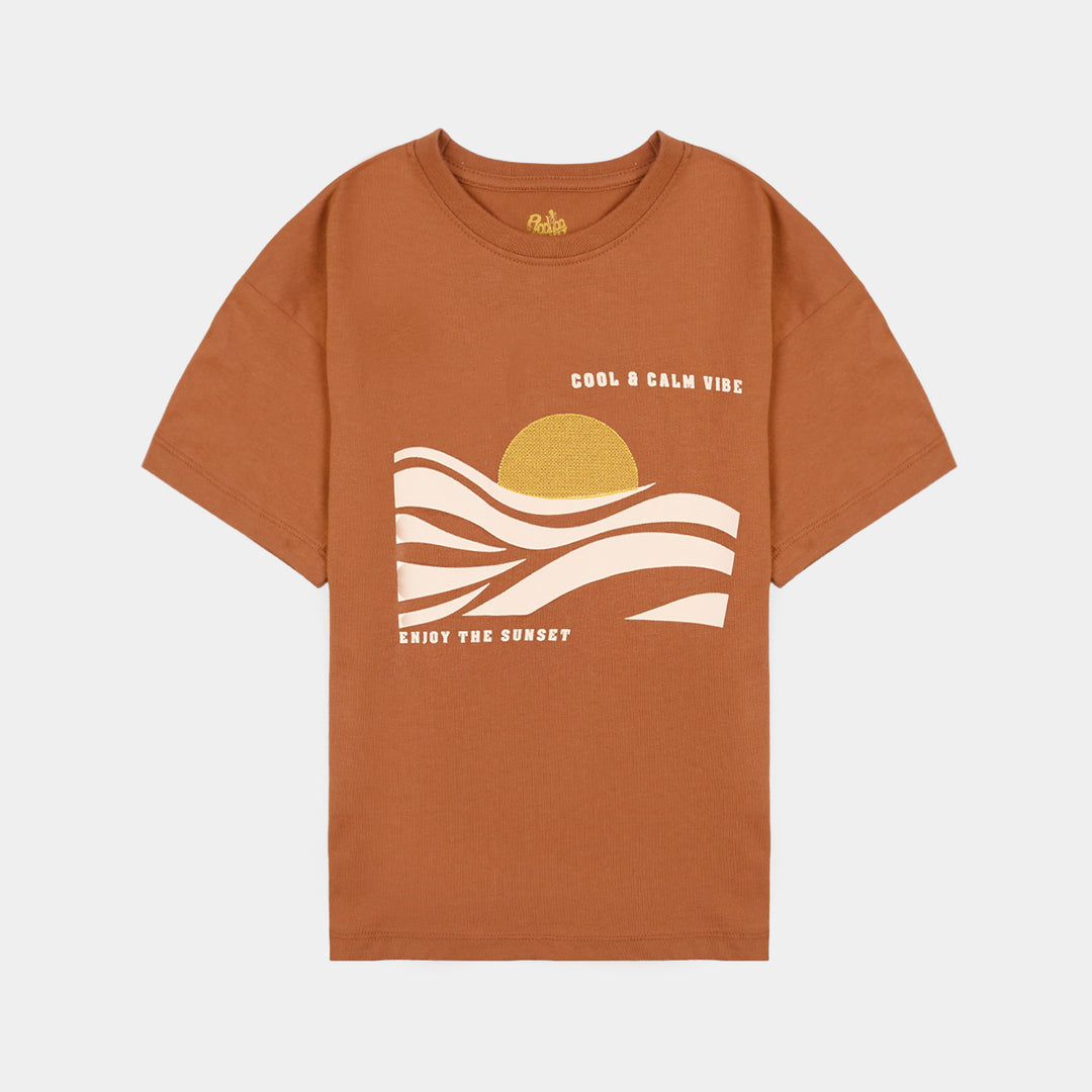 Boys Cotton Jersey T-Shirt Cool & Calm Vibe-BROWN