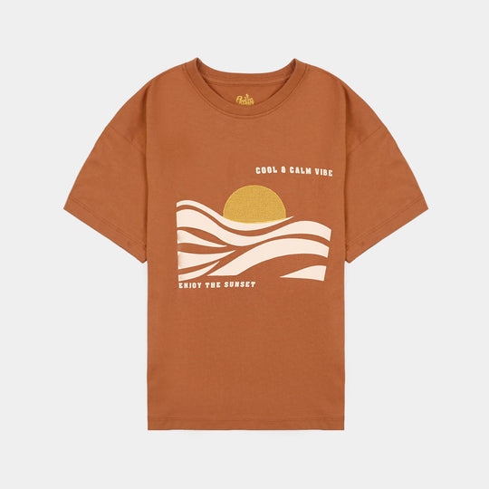 Boys Cotton Jersey T-Shirt Cool & Calm Vibe-BROWN