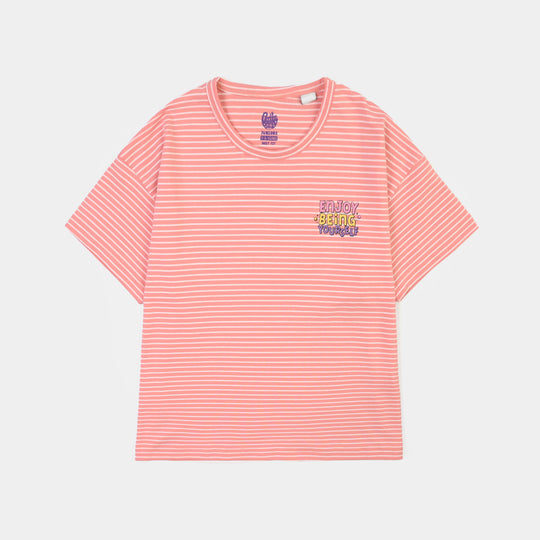 Girls Yarn Dyed T-Shirt Being Your Self-ORANGE