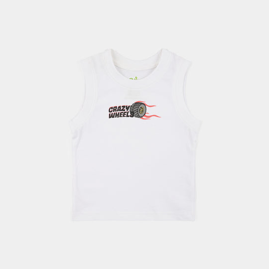 Infant Boys Cotton Jersey Sando Crazy Wheel - White
