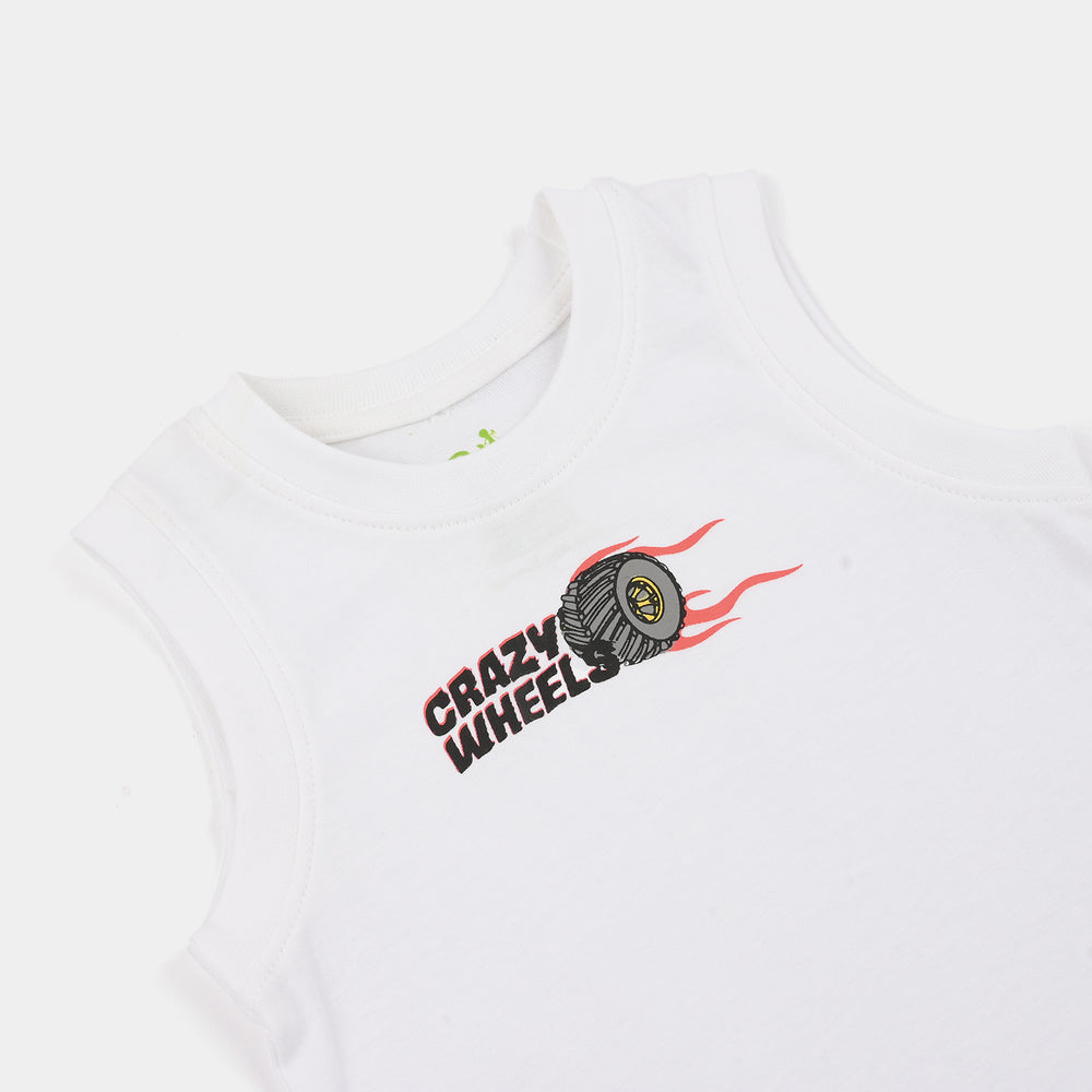 Infant Boys Cotton Jersey Sando Crazy Wheel - White