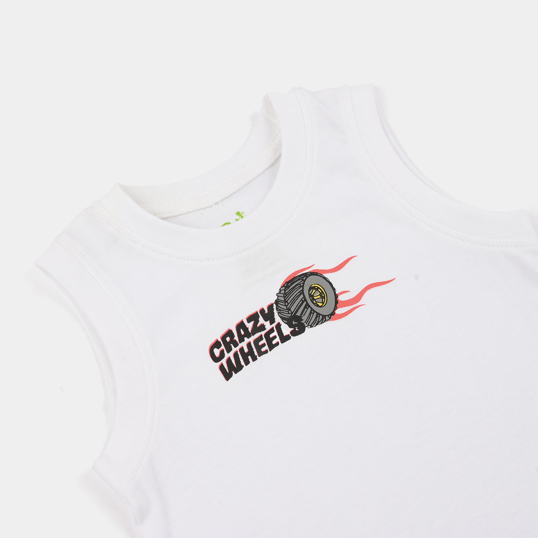 Infant Boys Cotton Jersey Sando Crazy Wheel - White