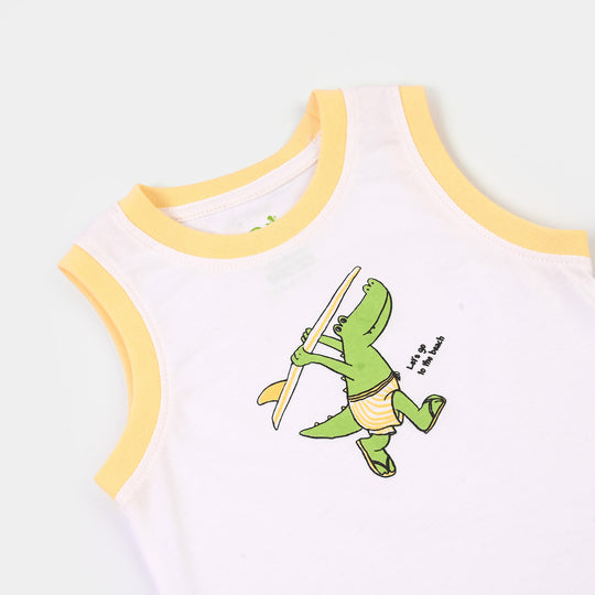 Infant Boys Cotton Jersey Sando Lets Go Beach-White