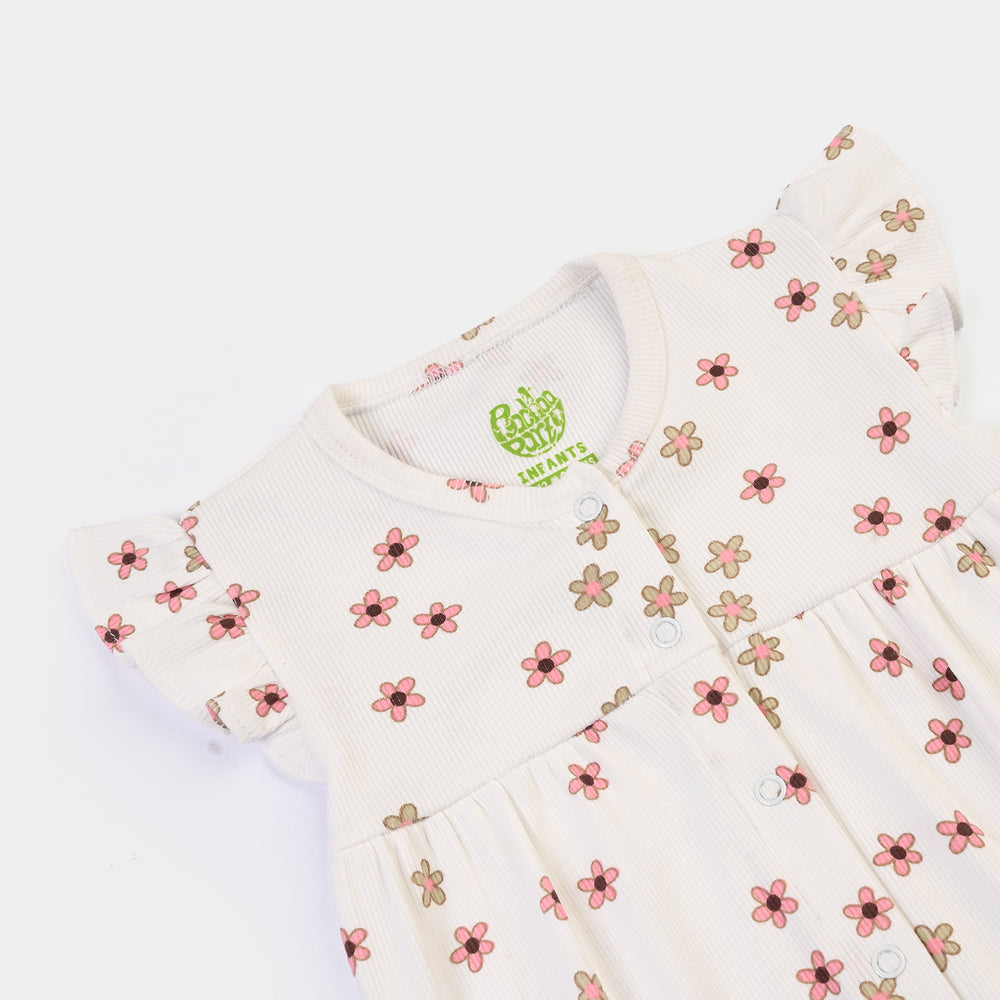 Infant Girls 2x1 Rib Romper Flowers-OFF White