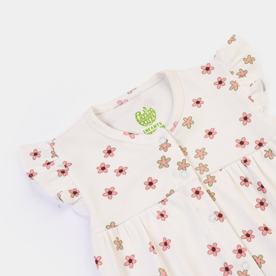 Infant Girls 2x1 Rib Romper Flowers-OFF White