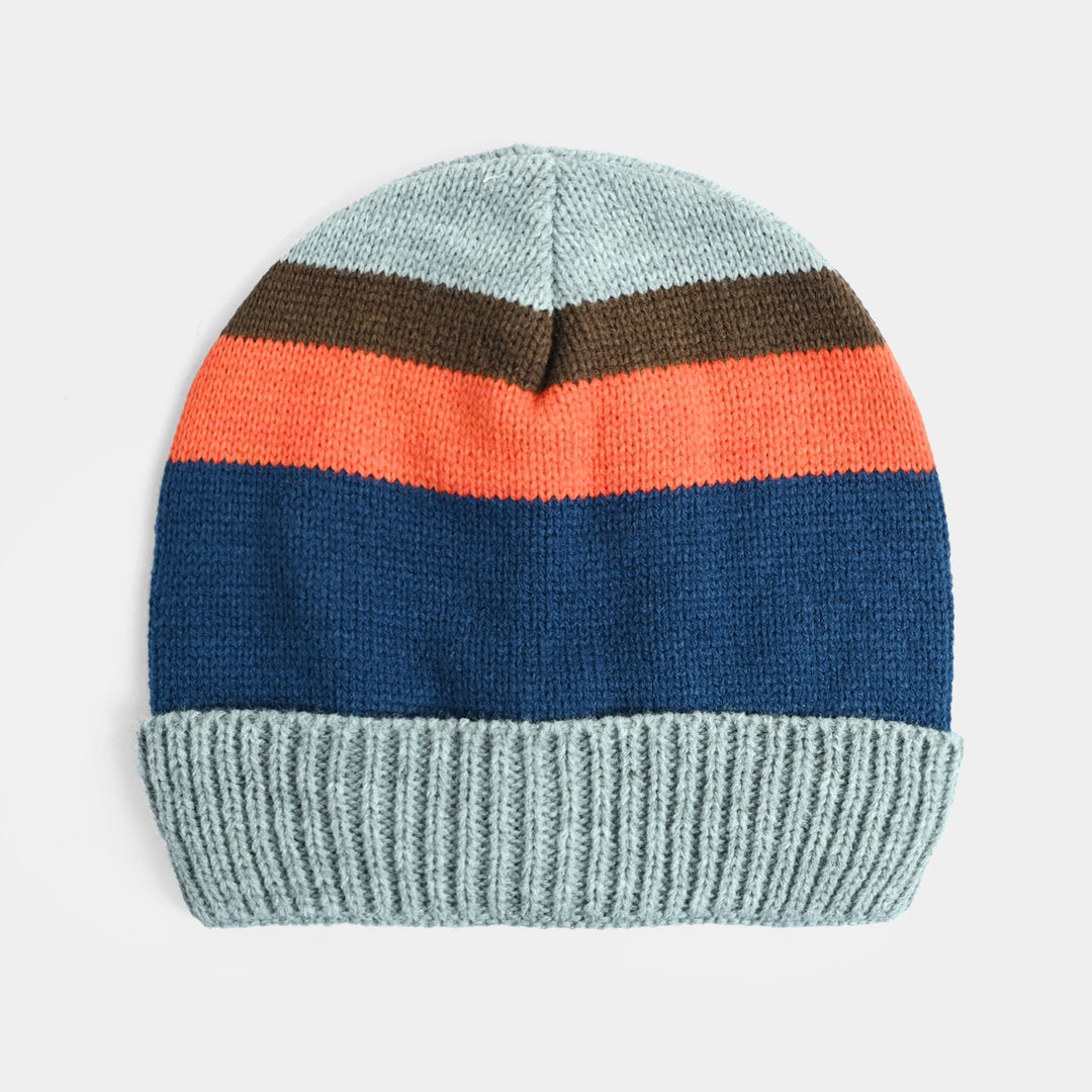 Boys Acrylic Woolen Cap - Orange Stripe - Grey