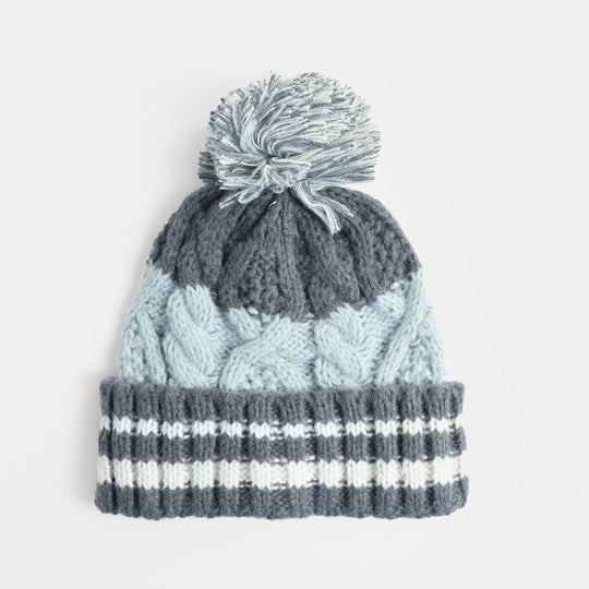 Boys Acrylic Woolen Cap - Fancy Cabling - Grey
