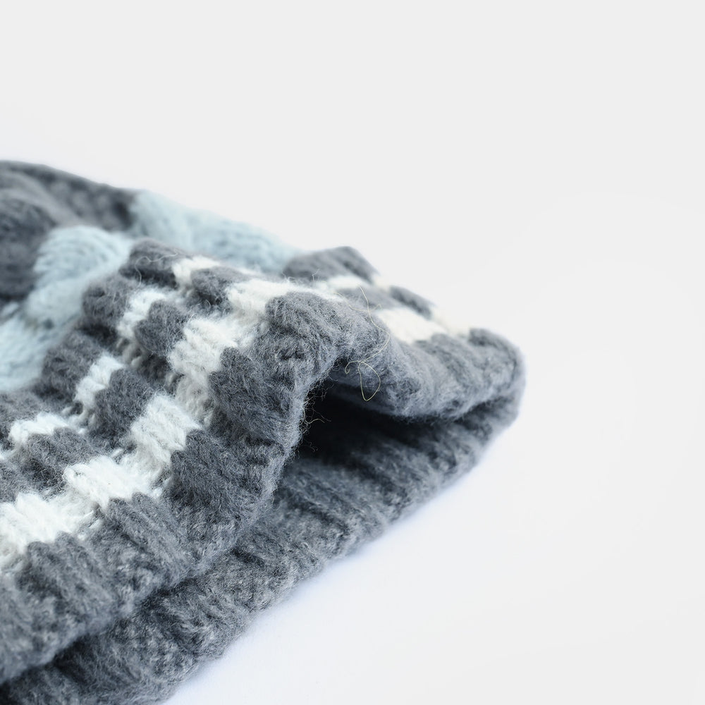 Boys Acrylic Woolen Cap - Fancy Cabling - Grey