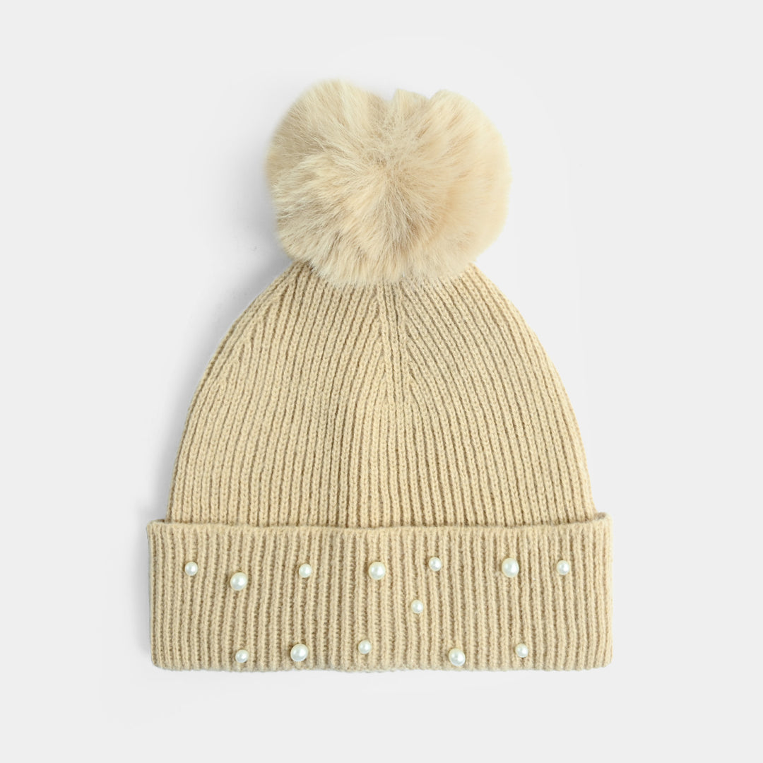 Girls Acrylic Woolen Cap - Pearls - Camel