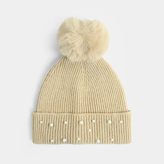 Girls Acrylic Woolen Cap - Pearls - Camel