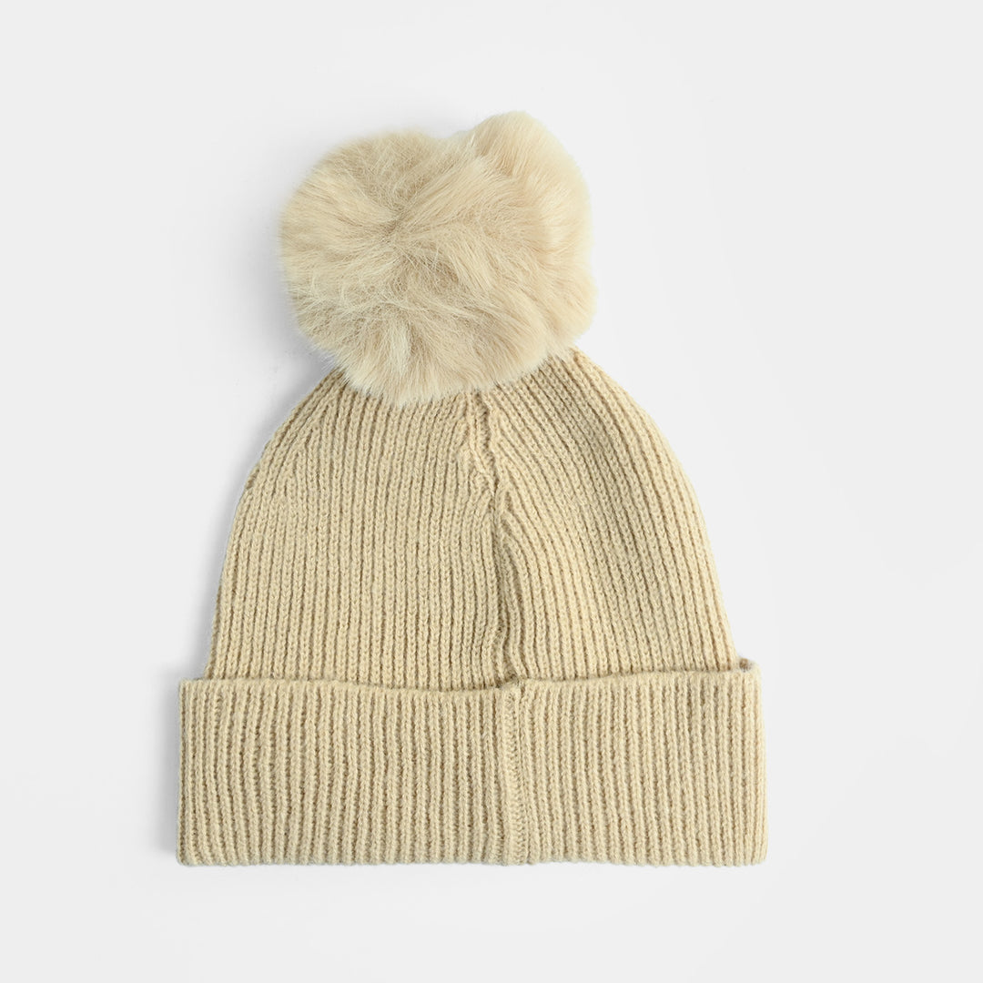 Girls Acrylic Woolen Cap - Pearls - Camel
