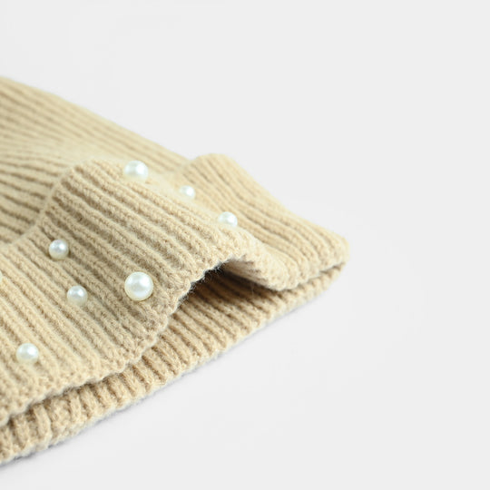 Girls Acrylic Woolen Cap - Pearls - Camel